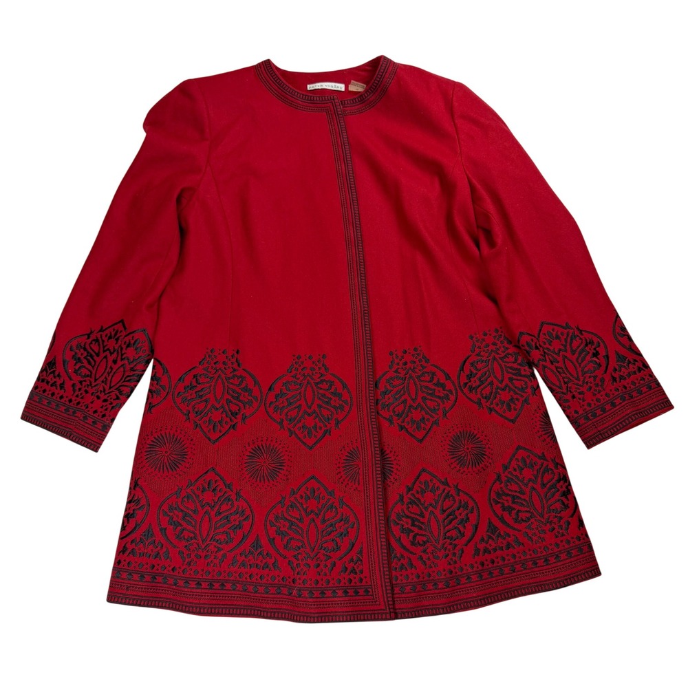 Peter Nygard Red Wool Blend Embroidered Damask Car Coat Petites 12 31054570